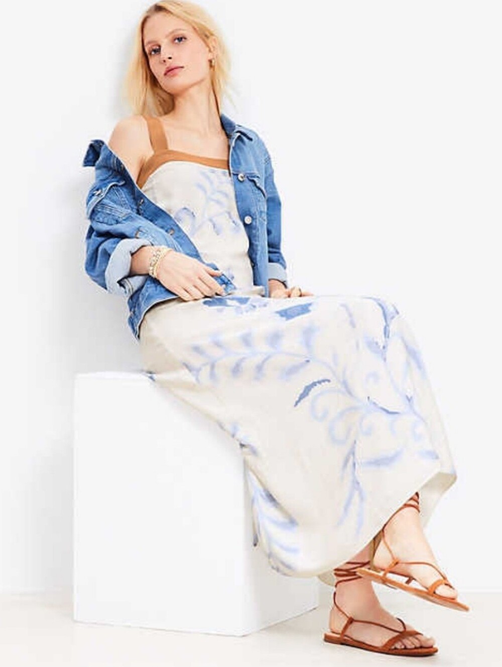 Strappy Neutral OFF-White and Blue Floral Maxi Dress